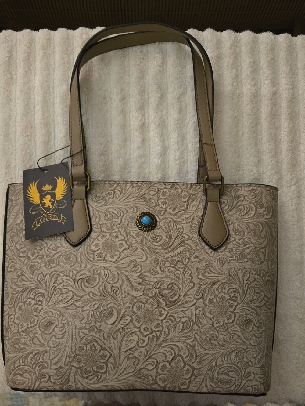 Taupe Floral Embossed Tote with Turquoise Accent